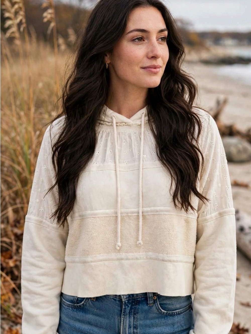 Free People Cream Eyelet Terry Hooded Pullover